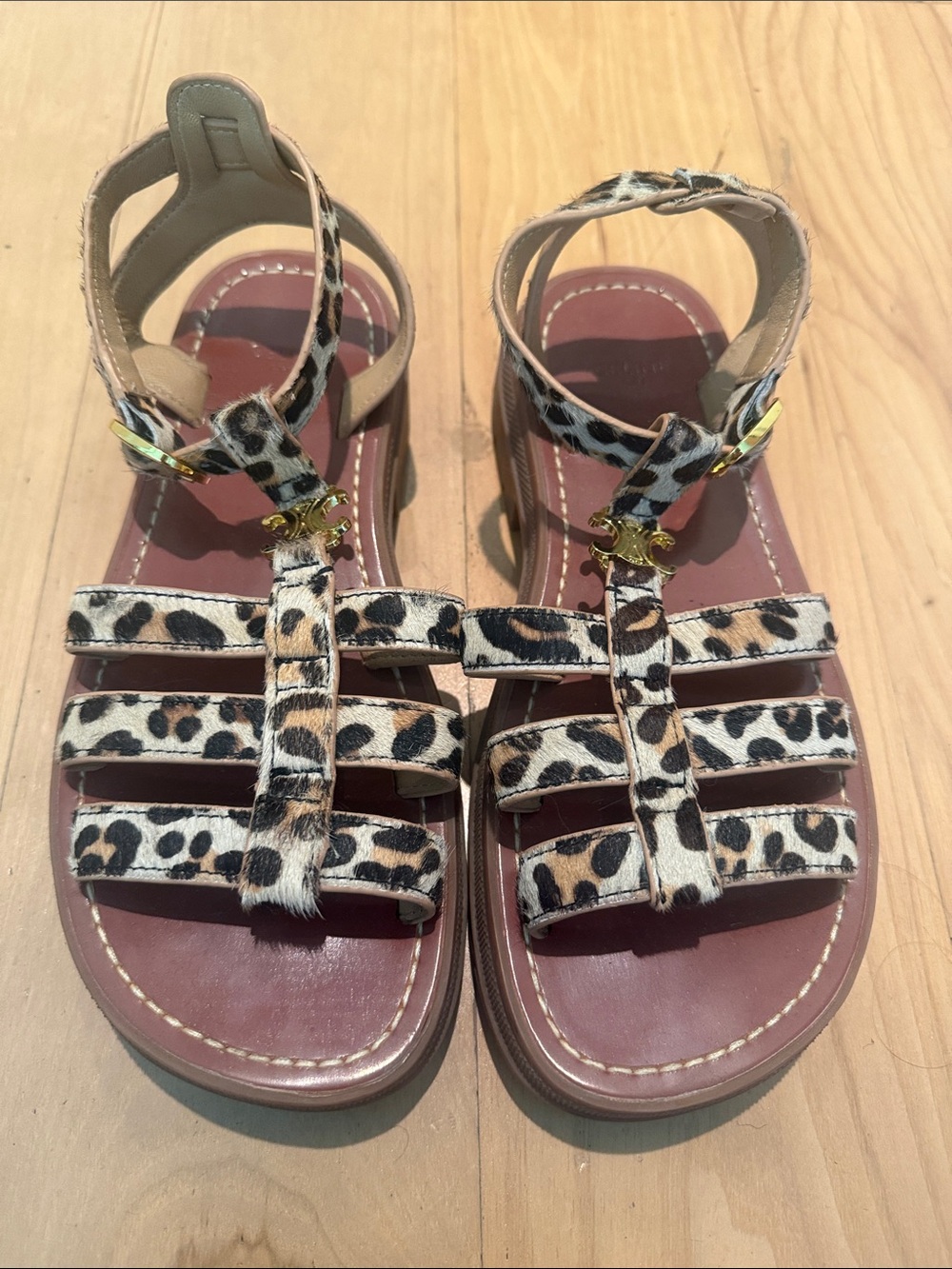 Celine Triomphe Leopard Print Strap Sandal - Tan & Black, size 10US
